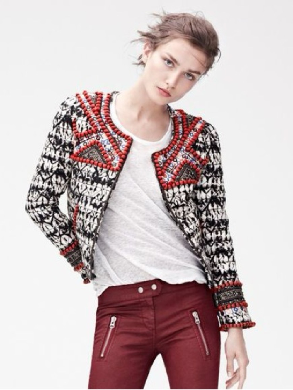 Isabel Marant Black & White Quilted Embellished Jacket with Red Accents
